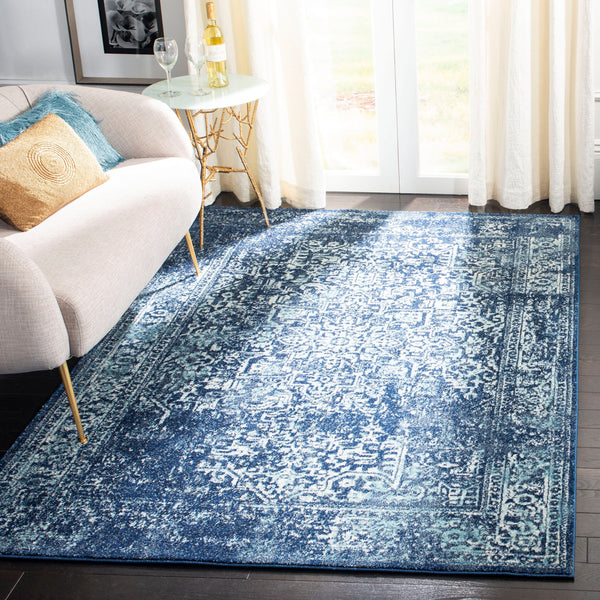 Safavieh Evoke Elegant Navy And Ivory Oriental-Inspired Square Rug — Textured Durable Blend, Power-Loomed Turkey 8'-0" x 8'-0" EVK256A-8SQ