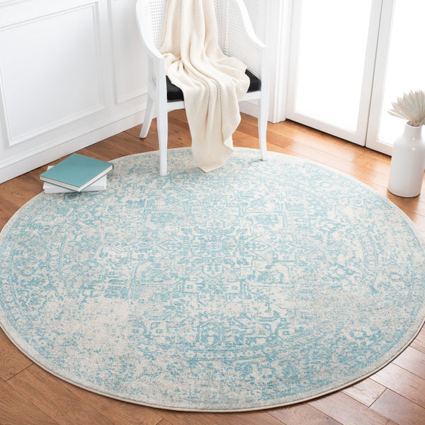 Safavieh Evoke Round 8' X 8' Ivory Aqua Area Rug — Turkish Power-Loomed, Low-Profile 3/8" Pile, Durable Style EVK256J-8R