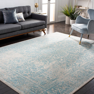 Safavieh Evoke Round 8' X 8' Ivory Aqua Area Rug — Turkish Power-Loomed, Low-Profile 3/8" Pile, Durable Style EVK256J-8R