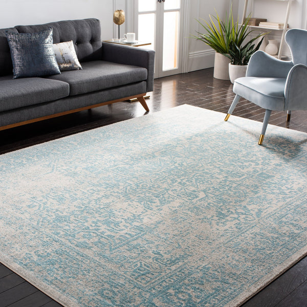 Safavieh Evoke Round 8' X 8' Ivory Aqua Area Rug — Turkish Power-Loomed, Low-Profile 3/8" Pile, Durable Style EVK256J-8R