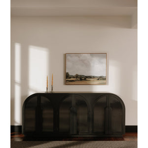 Moe's Home Salone Sideboard With Art Deco Reeded Glass Doors And Elegant Beech Wood Handles For Chic Homes Black Solid Beech Wood Door Handle And Base,Tempered Reed Glass On Doors Ew-1008-02