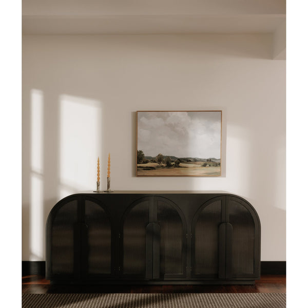Moe's Home Salone Sideboard With Art Deco Reeded Glass Doors And Elegant Beech Wood Handles For Chic Homes Black Solid Beech Wood Door Handle And Base,Tempered Reed Glass On Doors Ew-1008-02