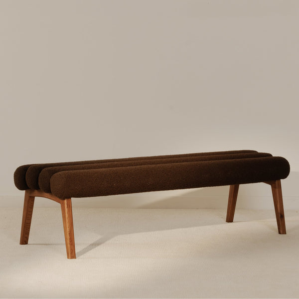 Moe's Home Arlo Bench: Mid-century Modern Design With Textured Boucle Upholstery And Stylish Solid Ash Legs Brown Upholstery, 100% Polyester,Ash Wood Legs Ew-1015-20