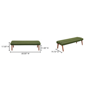 Moe's Home Arlo Bench: Mid-century Modern Design With Textured Boucle Upholstery And Stylish Solid Ash Legs Green Upholstery, 100% Polyester,Ash Wood Legs Ew-1015-27