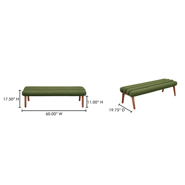 Moe's Home Arlo Bench: Mid-century Modern Design With Textured Boucle Upholstery And Stylish Solid Ash Legs Green Upholstery, 100% Polyester,Ash Wood Legs Ew-1015-27