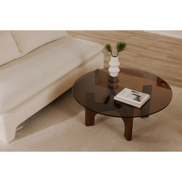 Moe's Home Luke Coffee Table - Retro Charm Meets Modern Elegance With Durable Amber Glass And Rubber Wood Base Brown 12mm Amber Tempered Glass,Rubber Wood Legs Ew-1021-21-0