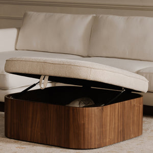 Moe's Home Sonny Ottoman - Elegant Hydraulic Lift Storage Ottoman With Plush Oatmeal Upholstery And Curved Design Brown Upholstery, 92% Polyester,8% Cotton,Walnut Veener & Solid Ash Frame Base Ew-1030-03