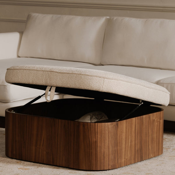 Moe's Home Sonny Ottoman - Elegant Hydraulic Lift Storage Ottoman With Plush Oatmeal Upholstery And Curved Design Brown Upholstery, 92% Polyester,8% Cotton,Walnut Veener & Solid Ash Frame Base Ew-1030-03