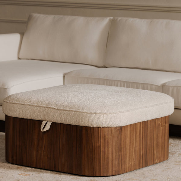 Moe's Home Sonny Ottoman - Elegant Hydraulic Lift Storage Ottoman With Plush Oatmeal Upholstery And Curved Design Brown Upholstery, 92% Polyester,8% Cotton,Walnut Veener & Solid Ash Frame Base Ew-1030-03
