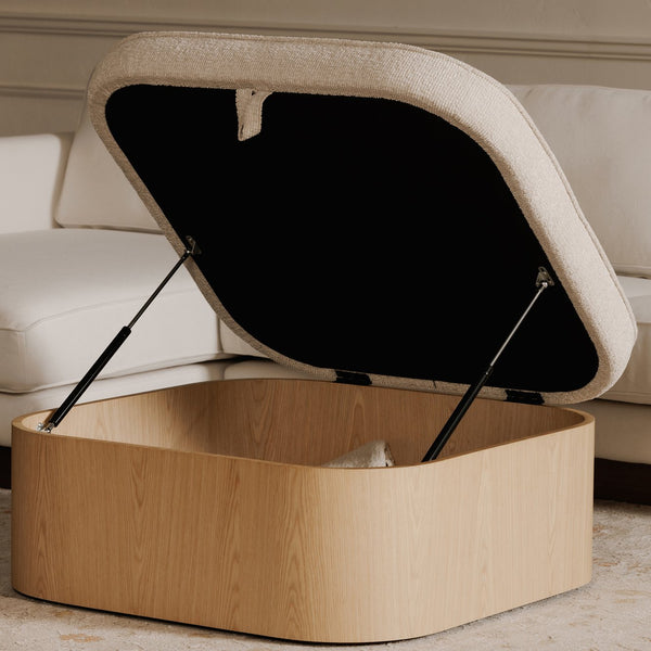 Moe's Home Sonny Ottoman - Elegant Hydraulic Lift Storage Ottoman With Plush Oatmeal Upholstery And Curved Design Natural Upholstery, 92% Polyester,8% Cotton,Ash Veener & Solid Ash Frame Base Ew-1030-24