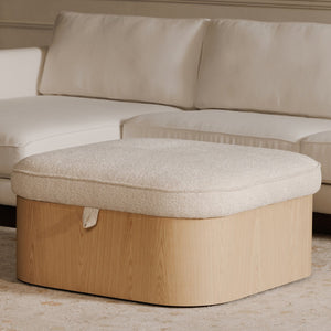 Moe's Home Sonny Ottoman - Elegant Hydraulic Lift Storage Ottoman With Plush Oatmeal Upholstery And Curved Design Natural Upholstery, 92% Polyester,8% Cotton,Ash Veener & Solid Ash Frame Base Ew-1030-24