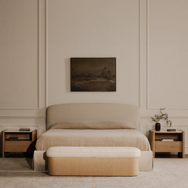 Moe's Home Sonny Elegant Storage Bench With Hydraulic Lift Top And Plush Oatmeal Upholstery For Stylish Comfort Natural Upholstery, 92% Polyester,8% Cotton,Ash Veener & Solid Ash Frame Base Ew-1031-24