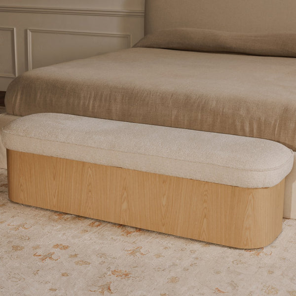 Moe's Home Sonny Elegant Storage Bench With Hydraulic Lift Top And Plush Oatmeal Upholstery For Stylish Comfort Natural Upholstery, 92% Polyester,8% Cotton,Ash Veener & Solid Ash Frame Base Ew-1031-24
