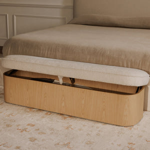 Moe's Home Sonny Elegant Storage Bench With Hydraulic Lift Top And Plush Oatmeal Upholstery For Stylish Comfort Natural Upholstery, 92% Polyester,8% Cotton,Ash Veener & Solid Ash Frame Base Ew-1031-24
