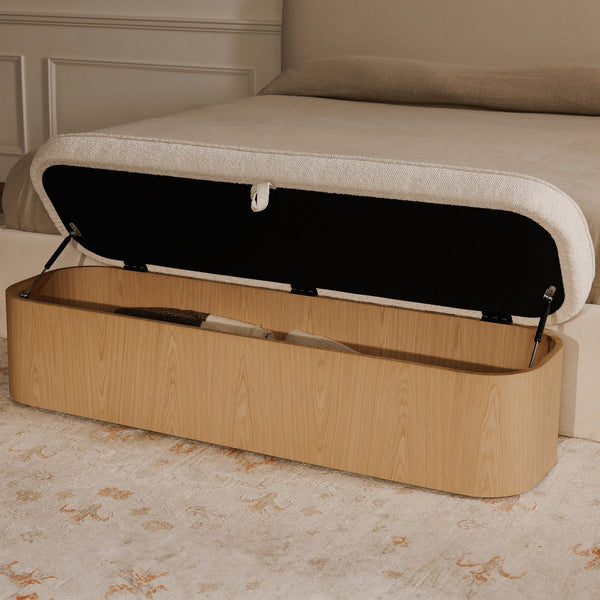 Moe's Home Sonny Elegant Storage Bench With Hydraulic Lift Top And Plush Oatmeal Upholstery For Stylish Comfort Natural Upholstery, 92% Polyester,8% Cotton,Ash Veener & Solid Ash Frame Base Ew-1031-24