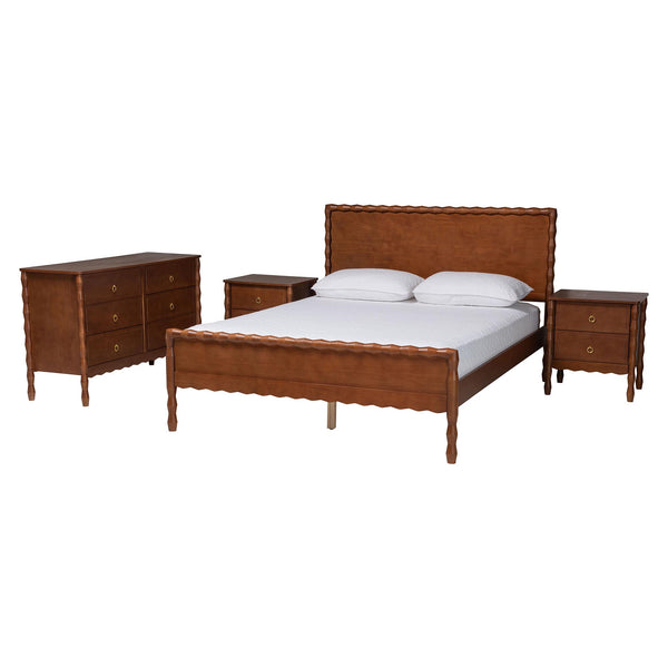 Baxton Studio Seamus Queen Bedroom Set Solid Rubberwood Farmhouse Platform Bed with Nightstand