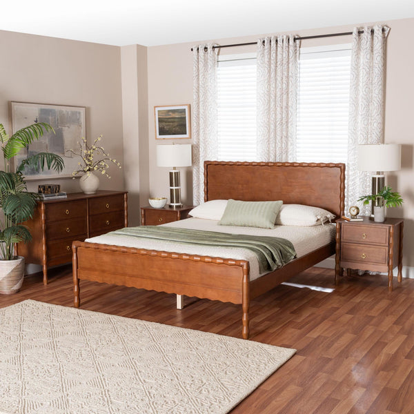 Baxton Studio Seamus Queen Bedroom Set Solid Rubberwood Farmhouse Platform Bed with Nightstand