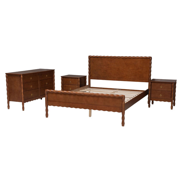 Baxton Studio Seamus Queen Bedroom Set Solid Rubberwood Farmhouse Platform Bed with Nightstand