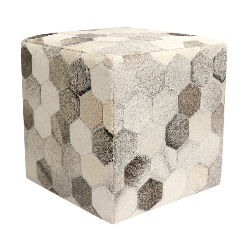Pasargad Home Galaxy Cowhide Pouf Ottoman – Luxurious Silver/Grey Seating With Unique Zig-zag Design Silver Cowhide Ptpf-192