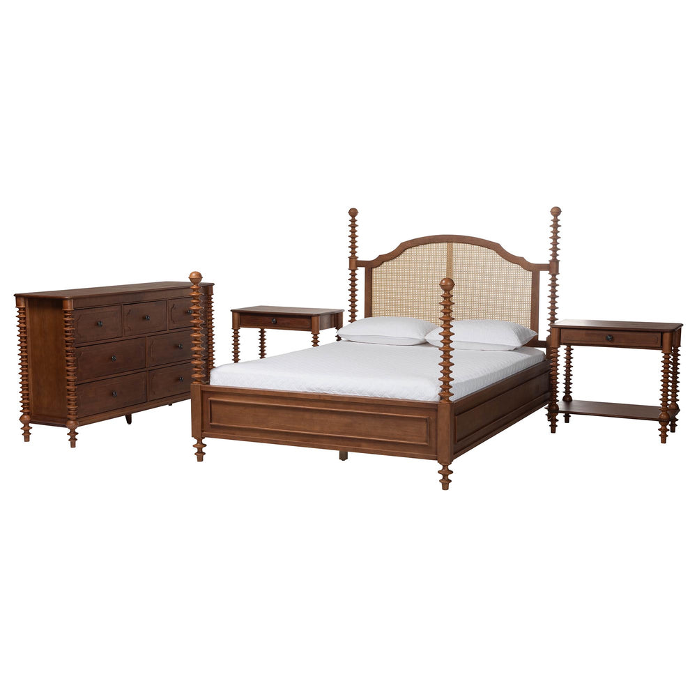 Baxton Studio Baxton Studio Neviah Rattan Rubberwood Queen Bedroom Set with Walnut Spindle Posts Ekua-Walnut/5702 Rattan-Queen 4PC Four Poster Bedroom Set
