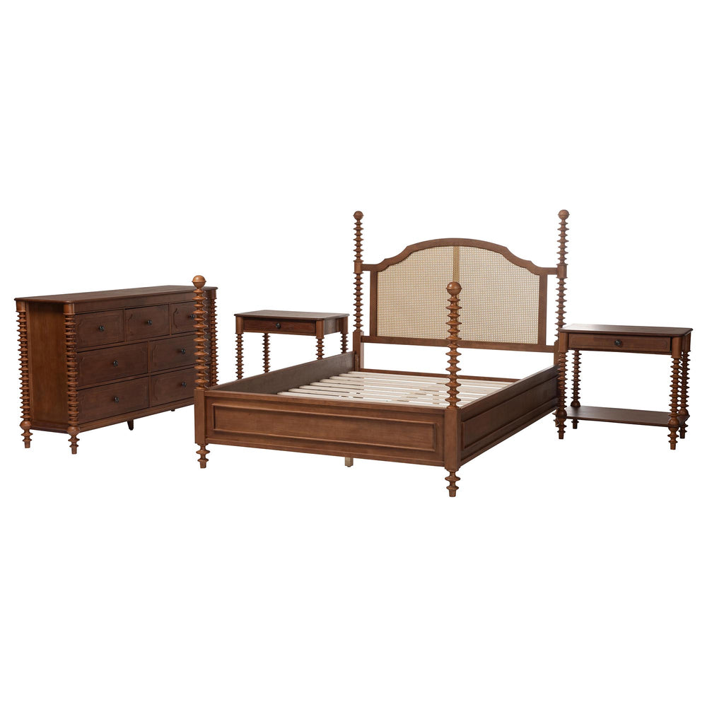 Baxton Studio Baxton Studio Neviah Rattan Rubberwood Queen Bedroom Set with Walnut Spindle Posts Ekua-Walnut/5702 Rattan-Queen 4PC Four Poster Bedroom Set