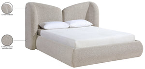 Meridian Furniture Elowen Queen Bed Sculptural Curved Chenille Upholstered Frame for Modern Bedroom Interiors Beige ElowenBeige-Q