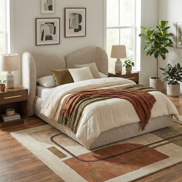 Meridian Furniture Elowen Queen Bed Sculptural Curved Chenille Upholstered Frame for Modern Bedroom Interiors Beige ElowenBeige-Q