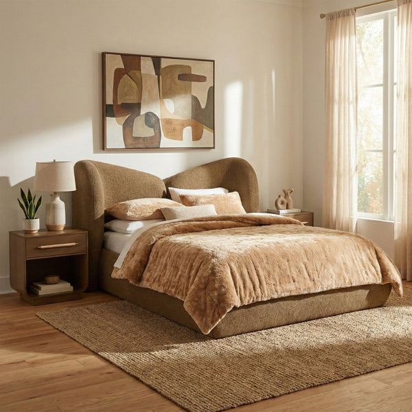 Meridian Furniture Elowen Queen Bed Sculptural Curved Chenille Upholstered Frame for Modern Bedroom Interiors Brown ElowenBrown-Q