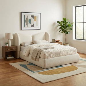Meridian Furniture Elowen Sculptural Chenille Upholstered King Bed with Curved Headboard for Modern Bedrooms Cream ElowenCream-K
