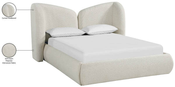 Meridian Furniture Elowen Queen Bed Sculptural Curved Chenille Upholstered Frame for Modern Bedroom Interiors Cream ElowenCream-Q