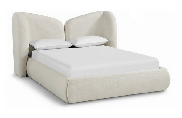 Meridian Furniture Elowen Queen Bed Sculptural Curved Chenille Upholstered Frame for Modern Bedroom Interiors Cream ElowenCream-Q