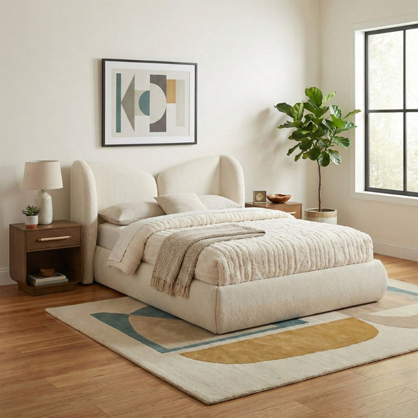 Meridian Furniture Elowen Queen Bed Sculptural Curved Chenille Upholstered Frame for Modern Bedroom Interiors Cream ElowenCream-Q