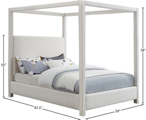 Meridian Furniture Emerson Four Post Canopy Full Bed Linen Upholstered Mid-century Modern Frame for Bedroom Cream EmersonCream-F