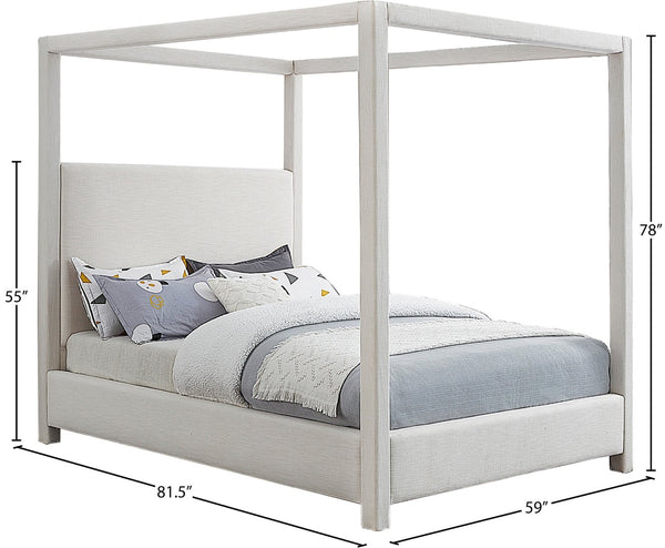 Meridian Furniture Emerson Four Post Canopy Full Bed Linen Upholstered Mid-century Modern Frame for Bedroom Cream EmersonCream-F