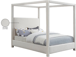 Meridian Furniture Emerson Four Post Canopy Full Bed Linen Upholstered Mid-century Modern Frame for Bedroom Cream EmersonCream-F