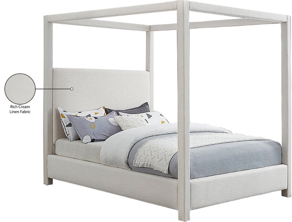 Meridian Furniture Emerson Four Post Canopy Full Bed Linen Upholstered Mid-century Modern Frame for Bedroom Cream EmersonCream-F
