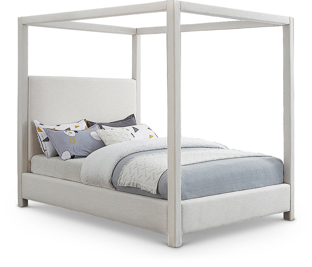 Meridian Furniture Emerson Four Post Canopy Full Bed Linen Upholstered Mid-century Modern Frame for Bedroom Cream EmersonCream-F