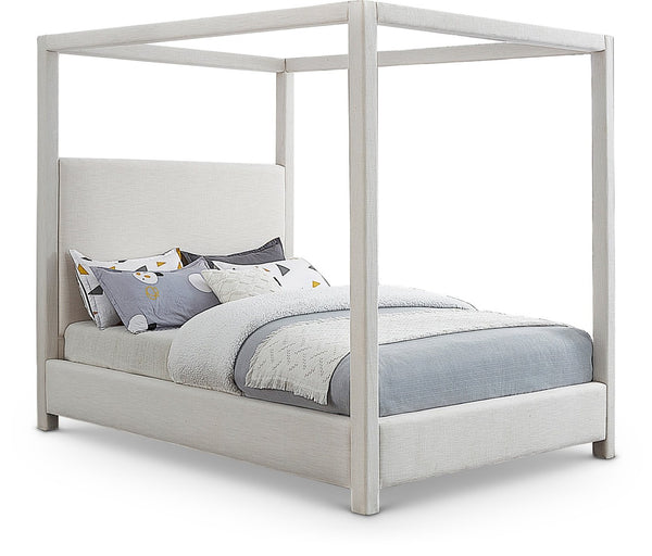 Meridian Furniture Emerson Four Post Canopy Full Bed Linen Upholstered Mid-century Modern Frame for Bedroom Cream EmersonCream-F