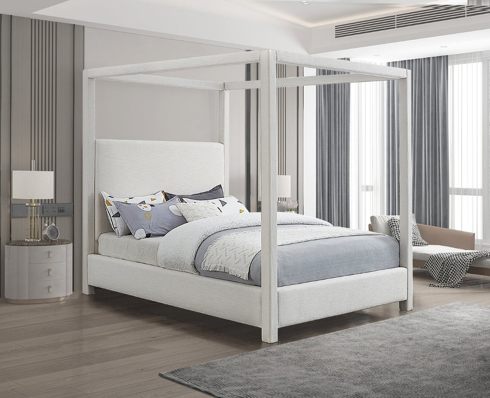 Meridian Furniture Emerson Four Post Canopy Full Bed Linen Upholstered Mid-century Modern Frame for Bedroom Cream EmersonCream-F