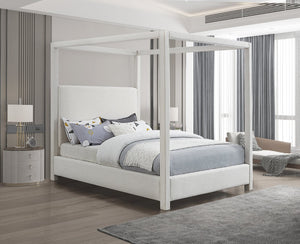 Meridian Furniture Emerson Four Post Canopy Full Bed Linen Upholstered Mid-century Modern Frame for Bedroom Cream EmersonCream-F