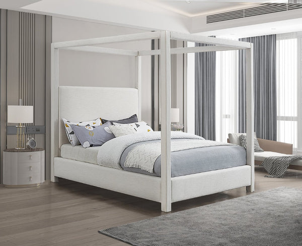 Meridian Furniture Emerson Four Post Canopy Full Bed Linen Upholstered Mid-century Modern Frame for Bedroom Cream EmersonCream-F