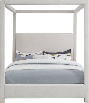 Meridian Furniture Emerson Four Post Canopy Full Bed Linen Upholstered Mid-century Modern Frame for Bedroom Cream EmersonCream-F