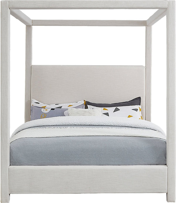 Meridian Furniture Emerson Four Post Canopy Full Bed Linen Upholstered Mid-century Modern Frame for Bedroom Cream EmersonCream-F