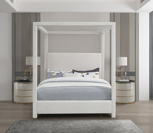 Meridian Furniture Emerson Four Post Canopy Full Bed Linen Upholstered Mid-century Modern Frame for Bedroom Cream EmersonCream-F
