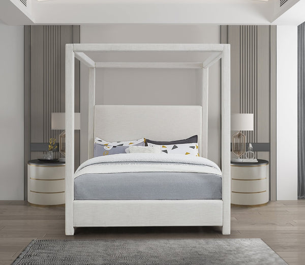 Meridian Furniture Emerson Four Post Canopy Full Bed Linen Upholstered Mid-century Modern Frame for Bedroom Cream EmersonCream-F