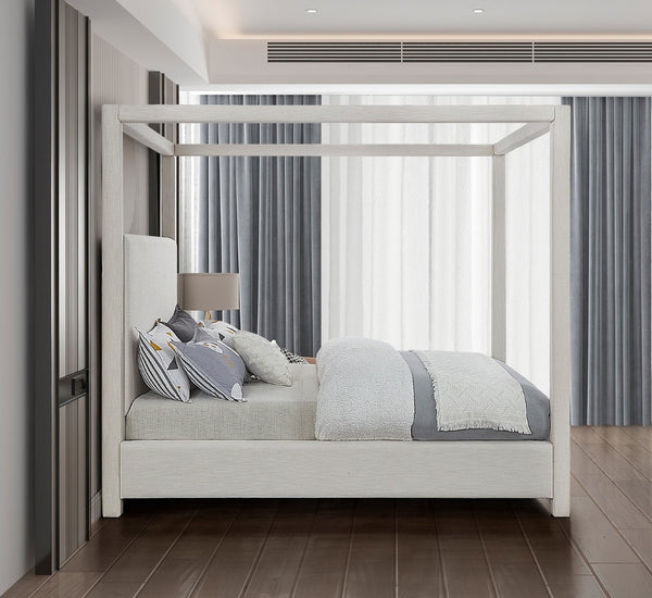 Meridian Furniture Emerson Four Post Canopy Full Bed Linen Upholstered Mid-century Modern Frame for Bedroom Cream EmersonCream-F