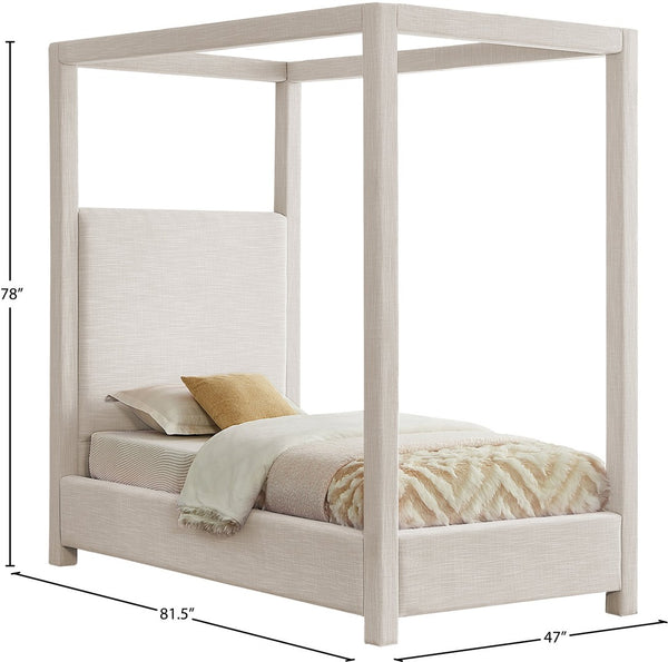 Meridian Furniture Emerson Four Post Canopy Twin Bed Linen Upholstered Mid-century Modern Bedroom Frame Cream EmersonCream-T