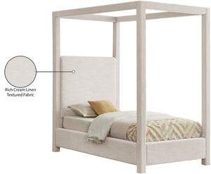 Meridian Furniture Emerson Four Post Canopy Twin Bed Linen Upholstered Mid-century Modern Bedroom Frame Cream EmersonCream-T