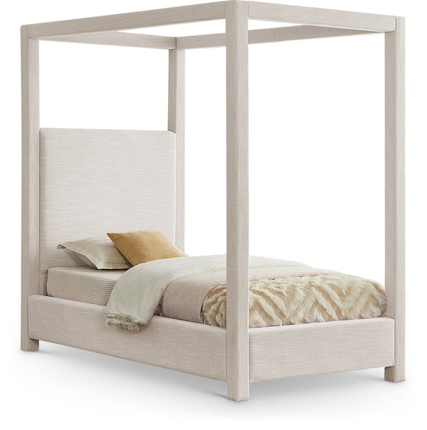 Meridian Furniture Emerson Four Post Canopy Twin Bed Linen Upholstered Mid-century Modern Bedroom Frame Cream EmersonCream-T