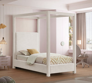 Meridian Furniture Emerson Four Post Canopy Twin Bed Linen Upholstered Mid-century Modern Bedroom Frame Cream EmersonCream-T